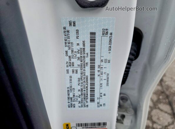 1FTER4HHXRLE20003 2024 FORD RANGER Белый Вид наклейки с VIN-кодом