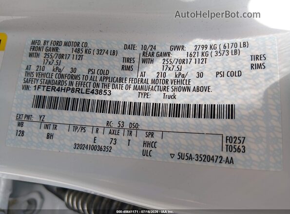 1FTER4HP8RLE43853 2024 FORD RANGER Белый Вид подкапотного пространства