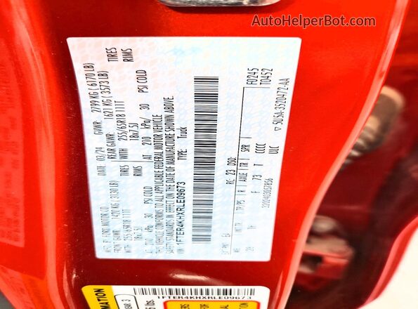 1FTER4KHXRLE09673 2024 FORD RANGER Red Vista de la etiqueta del VIN