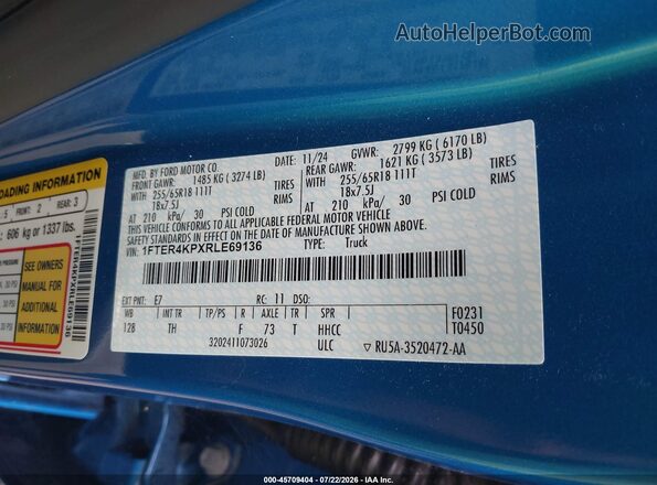 1FTER4KPXRLE69136 2024 FORD RANGER Blue Widok komory silnika
