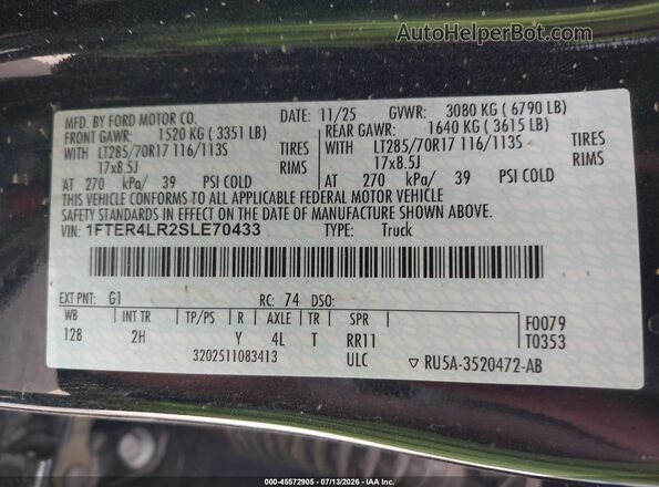 1FTER4LR2SLE70433 2025 FORD RANGER Black Շարժիչի բաժամունքի տեսք