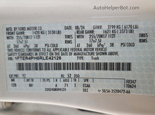 1FTER4PH6RLE42128 2024 FORD RANGER White VIN sticker view