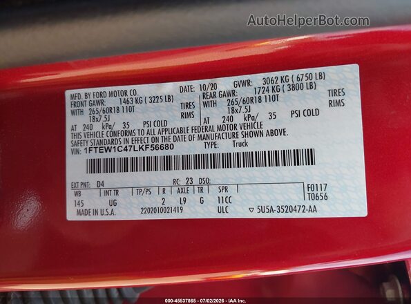 1FTEW1C47LKF56680 2020 FORD F150 Red Widok komory silnika