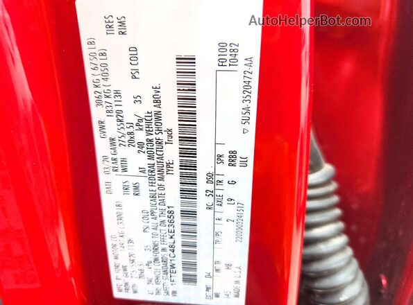 1FTEW1C48LKE36581 2020 FORD F150 Red ძრავის განყოფილების ხედი