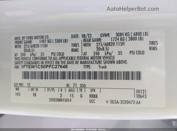 1FTEW1C50PFC27648 2023 FORD F150 White Vista del compartimento del motor