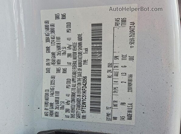 1FTEW1C51KFD42056 2019 FORD F150 White VIN კოდის სტიკერის ხედი