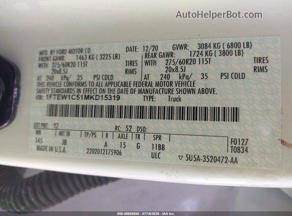 1FTEW1C51MKD15319 2021 FORD F150 White Engine compartment view