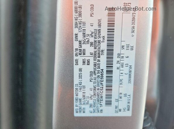 1FTEW1C52JFE59854 2018 FORD F150 Silver Вид наклейки з VIN-кодом