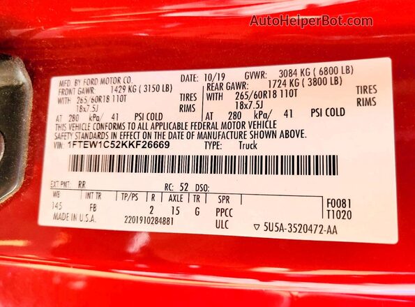 1FTEW1C52KKF26669 2019 FORD F150 Burgundy VIN sticker view