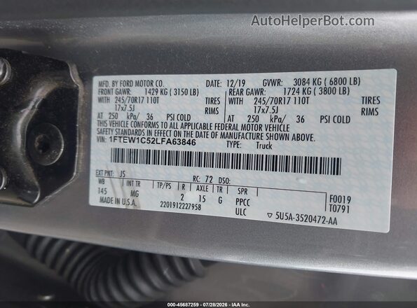 1FTEW1C52LFA63846 2020 FORD F150 Silver Vista del compartimento del motor