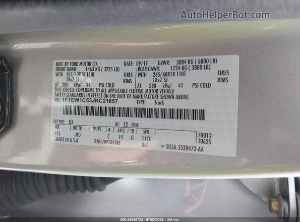 1FTEW1C53JKC21857 2018 FORD F150 Silver ძრავის განყოფილების ხედი