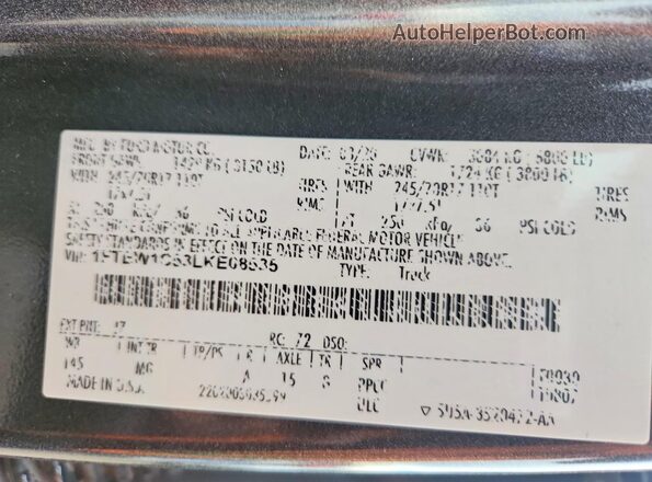 1FTEW1C53LKE08535 2020 FORD F150 Gray Вид підкапотного простору