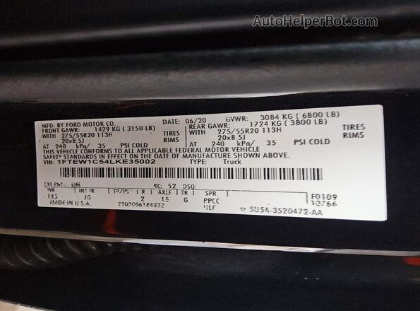 1FTEW1C54LKE35002 2020 FORD F150 Black Շարժիչի բաժամունքի տեսք