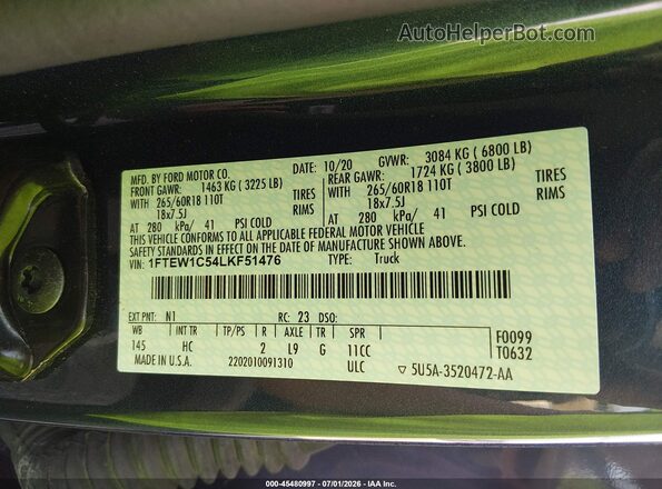 1FTEW1C54LKF51476 2020 FORD F150 Синий Вид подкапотного пространства