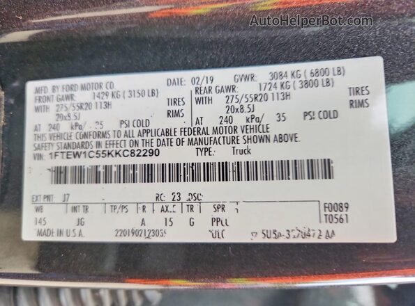 1FTEW1C55KKC82290 2019 FORD F150 Gray VIN კოდის სტიკერის ხედი