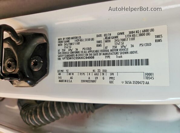 1FTEW1C55KKC94908 2019 FORD F150 White Շարժիչի բաժամունքի տեսք