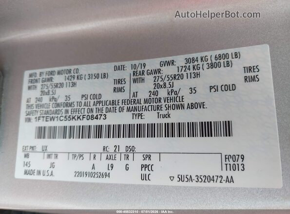 1FTEW1C55KKF08473 2019 FORD F150 Silver Widok komory silnika