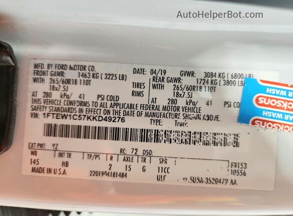 1FTEW1C57KKD49276 2019 FORD F150 Белый Вид подкапотного пространства