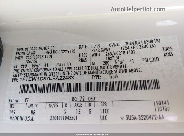 1FTEW1C57LFA22483 2020 FORD F150 White Շարժիչի բաժամունքի տեսք
