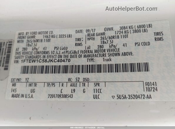1FTEW1C58JKC40470 2018 FORD F150 White Вид підкапотного простору