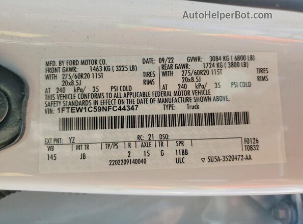1FTEW1C59NFC44347 2022 FORD F150 White ძრავის განყოფილების ხედი