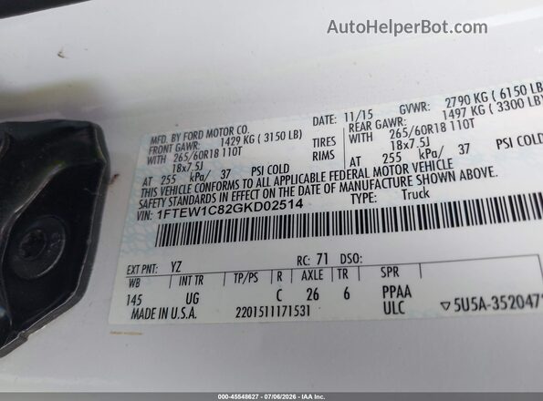 1FTEW1C82GKD02514 2016 FORD F150 White Շարժիչի բաժամունքի տեսք