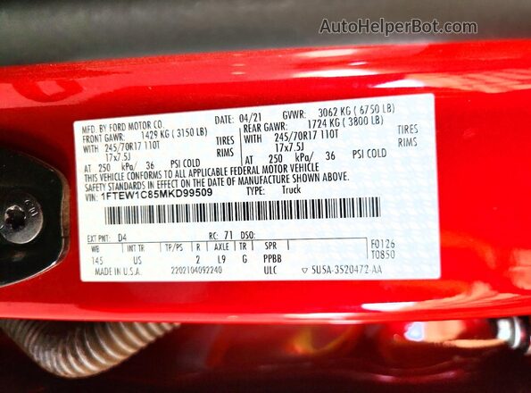 1FTEW1C85MKD99509 2021 FORD F150 Red Вид підкапотного простору