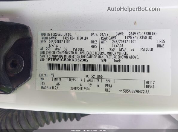 1FTEW1CB0KKD52302 2019 FORD F150 White Engine compartment view