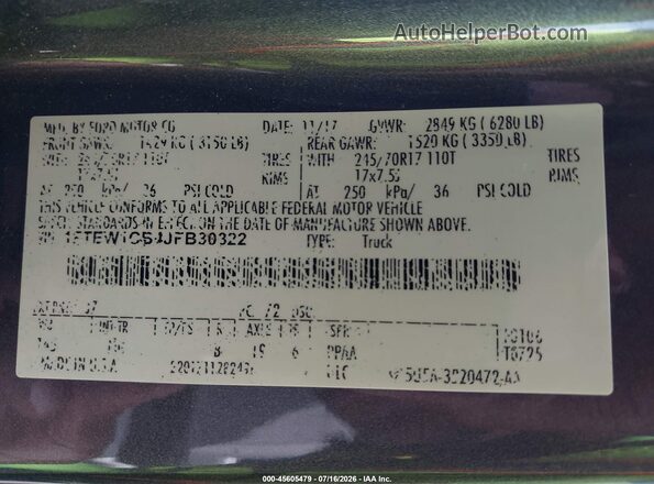 1FTEW1CB4JFB30322 2018 FORD F150 Серый Вид подкапотного пространства
