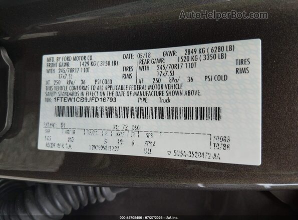 1FTEW1CB9JFD16793 2018 FORD F150 Brown Vista del compartimento del motor