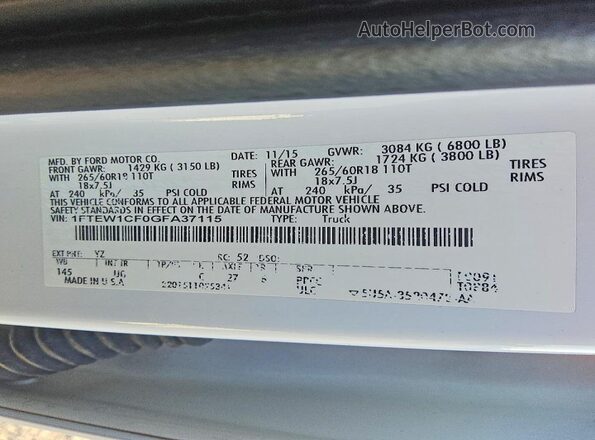 1FTEW1CF0GFA37115 2016 FORD F150 White Vista del compartimento del motor