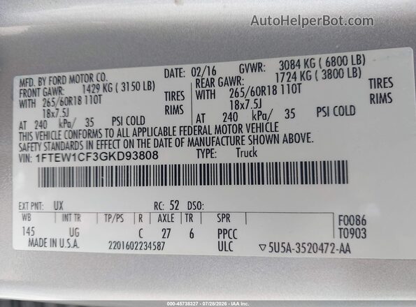 1FTEW1CF3GKD93808 2016 FORD F150 Silver Engine compartment view