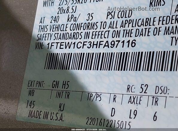 1FTEW1CF3HFA97116 2017 FORD F150 Gold Widok komory silnika
