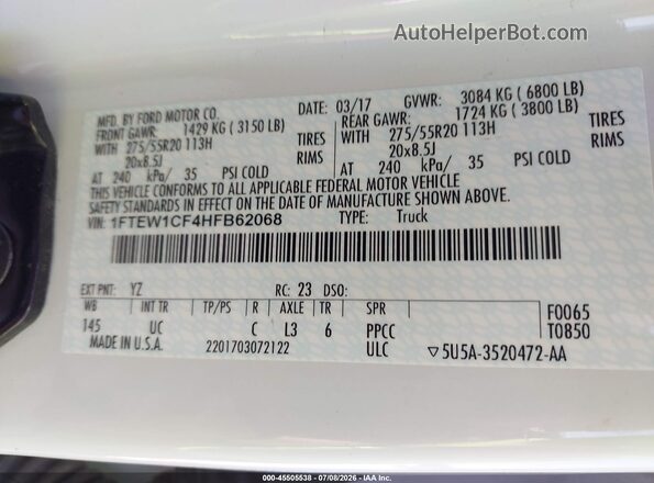 1FTEW1CF4HFB62068 2017 FORD F150 White Вид підкапотного простору