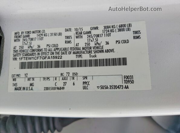 1FTEW1CF7GFA15922 2016 FORD F150 White VIN կոդի պիտակի տեսք