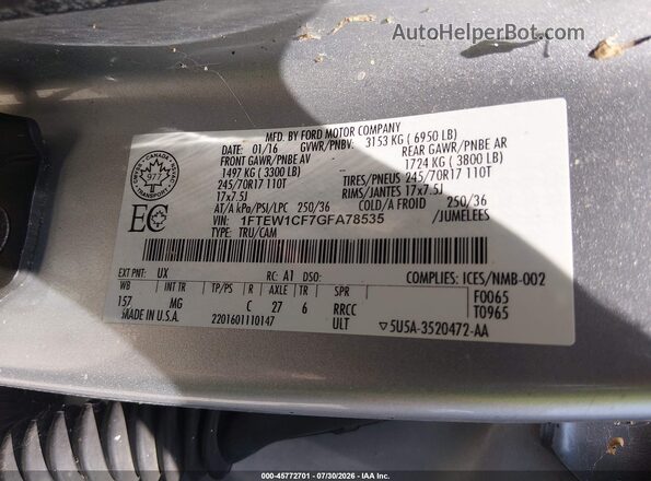 1FTEW1CF7GFA78535 2016 FORD F150 Silver Vista del compartimento del motor