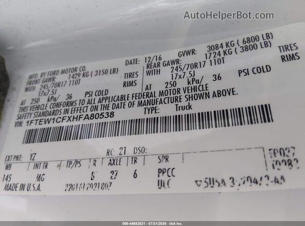 1FTEW1CFXHFA80538 2017 FORD F150 White Շարժիչի բաժամունքի տեսք