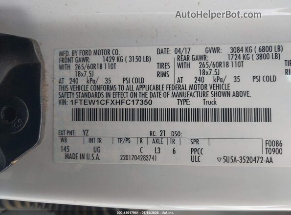 1FTEW1CFXHFC17350 2017 FORD F150 White Vista del compartimento del motor
