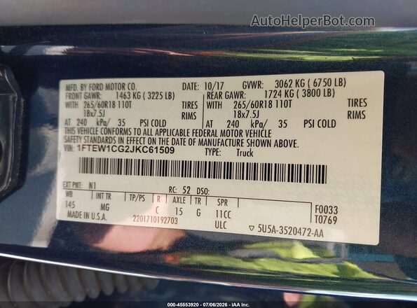 1FTEW1CG2JKC61509 2018 FORD F150 Blue Vista del compartimento del motor