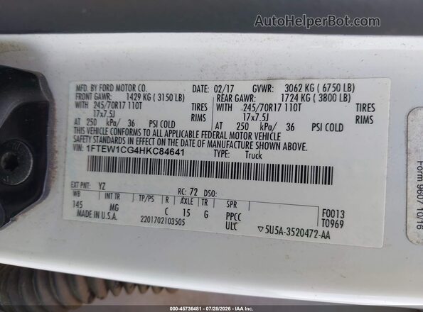 1FTEW1CG4HKC84641 2017 FORD F150 White ძრავის განყოფილების ხედი