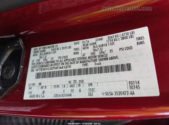 1FTEW1CG7HFA41270 2017 FORD F150 Maroon Vista del compartimento del motor