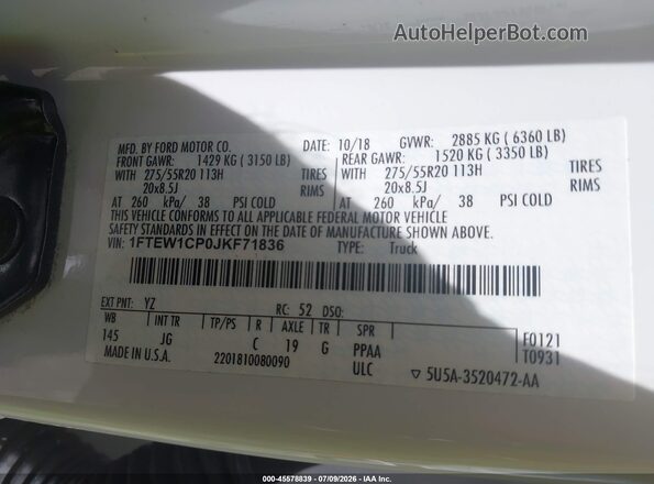 1FTEW1CP0JKF71836 2018 FORD F150 White Շարժիչի բաժամունքի տեսք