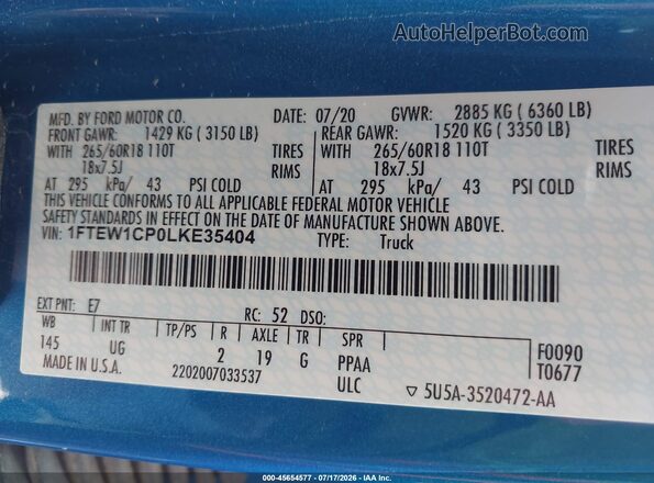 1FTEW1CP0LKE35404 2020 FORD F150 Blue Vista del compartimento del motor
