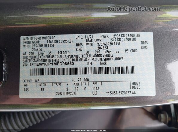 1FTEW1CP1MFD08560 2021 FORD F150 Gray Vista del compartimento del motor