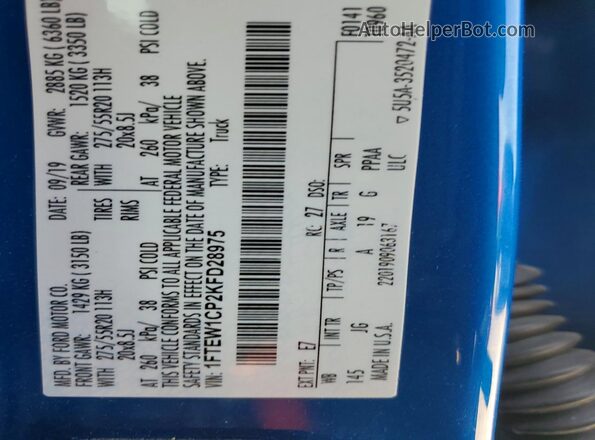 1FTEW1CP2KFD28975 2019 FORD F150 Blue Vista del compartimento del motor