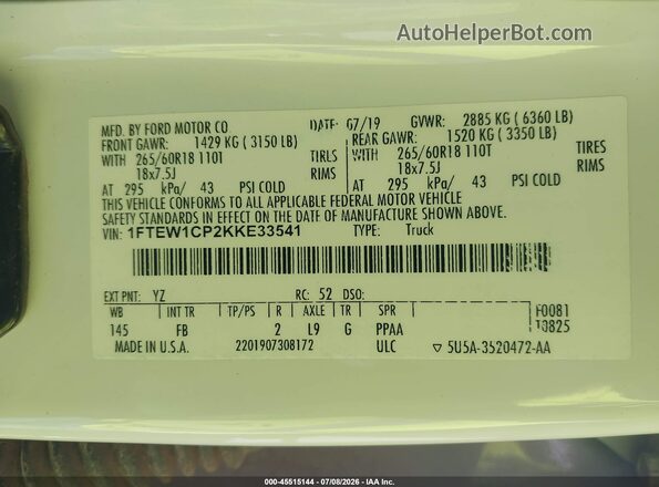 1FTEW1CP2KKE33541 2019 FORD F150 White Engine compartment view