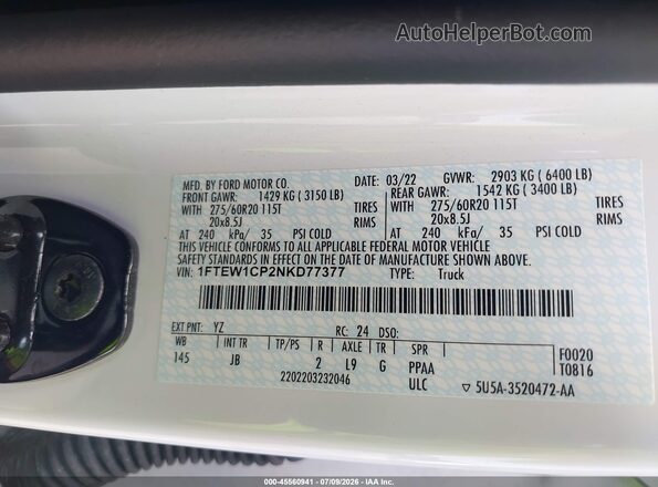 1FTEW1CP2NKD77377 2022 FORD F150 White ძრავის განყოფილების ხედი