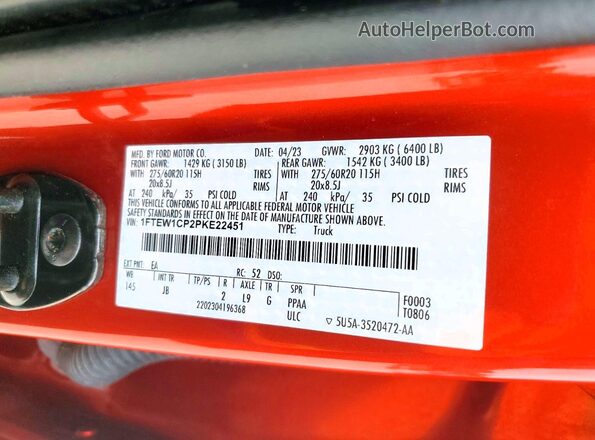 1FTEW1CP2PKE22451 2023 FORD F150 Red Widok naklejki z numerem VIN