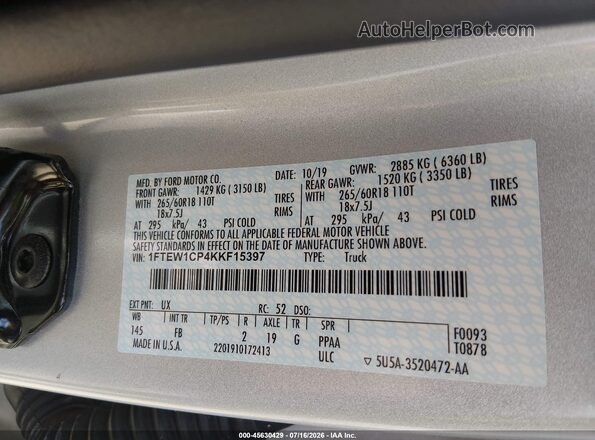 1FTEW1CP4KKF15397 2019 FORD F150 Silver Vista del compartimento del motor