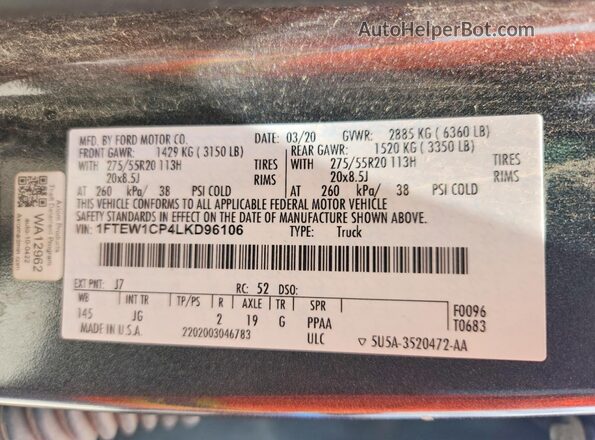 1FTEW1CP4LKD96106 2020 FORD F150 Gray Вид підкапотного простору